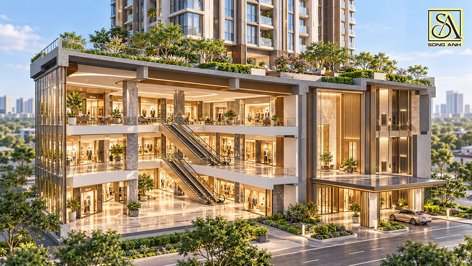 Phối cảnh cắt podium với tầng thương mại, thang cuốn, sảnh đón riêng và sân vườn tiện ích trên mái.